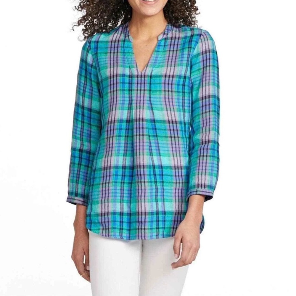 L.L. Bean Women's Premium Washable Linen Long Tunic, Plaid, Sz M